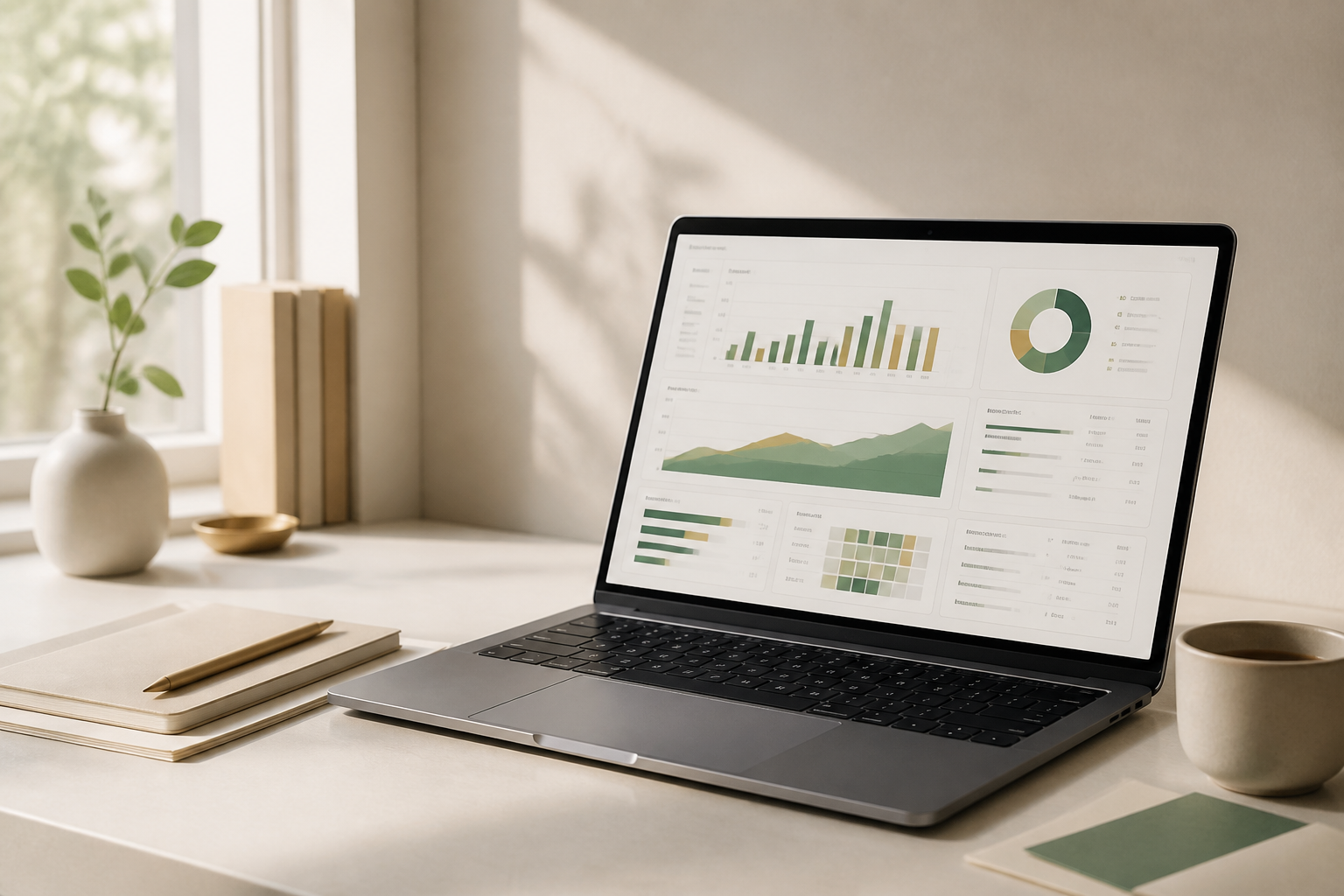A laptop on a desk showing a business dashboard